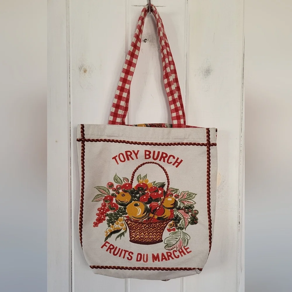Tory Burch Canvas Gingham Fruit Print Tote Bag